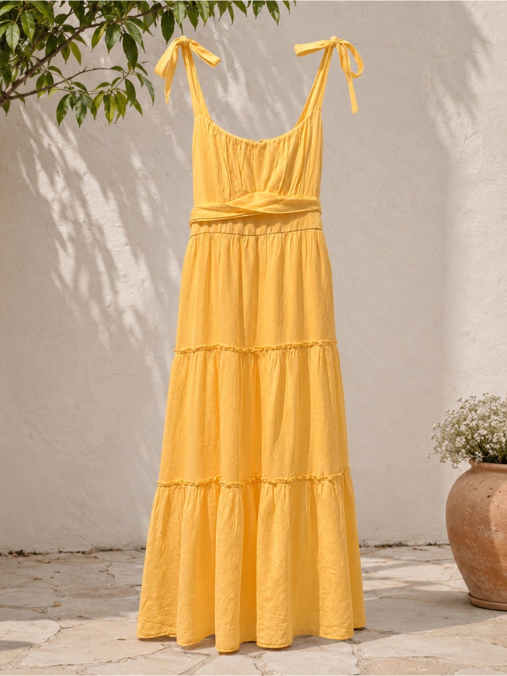 Trixxi XL Butter Yellow Tiered Maxi Dress Tie Strap Cottagecore Sundress